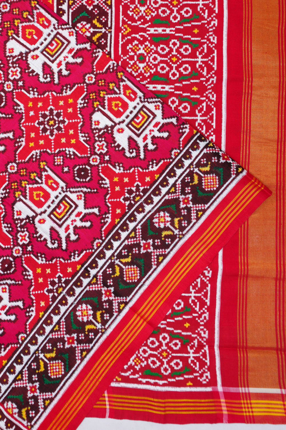 Patan Patola Silk Double Ikat Chhabdi Kunj Red And Pink Saree