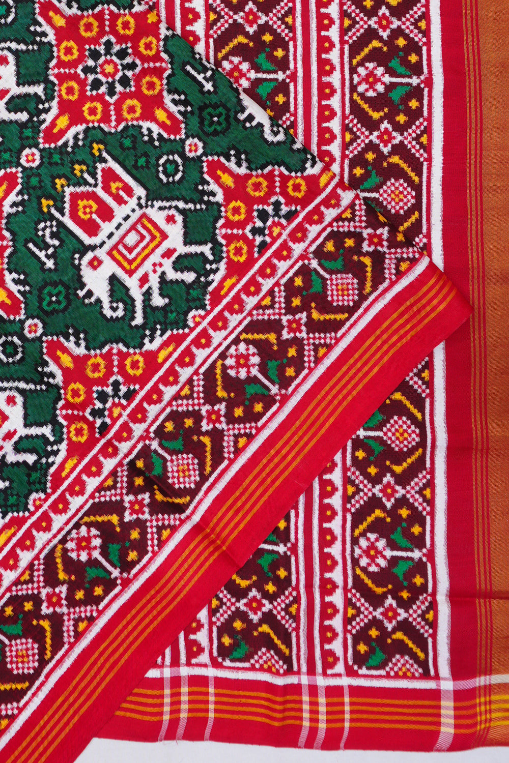 Patan Patola Silk Double Ikat Chhabdi Kunj Red And Green Saree