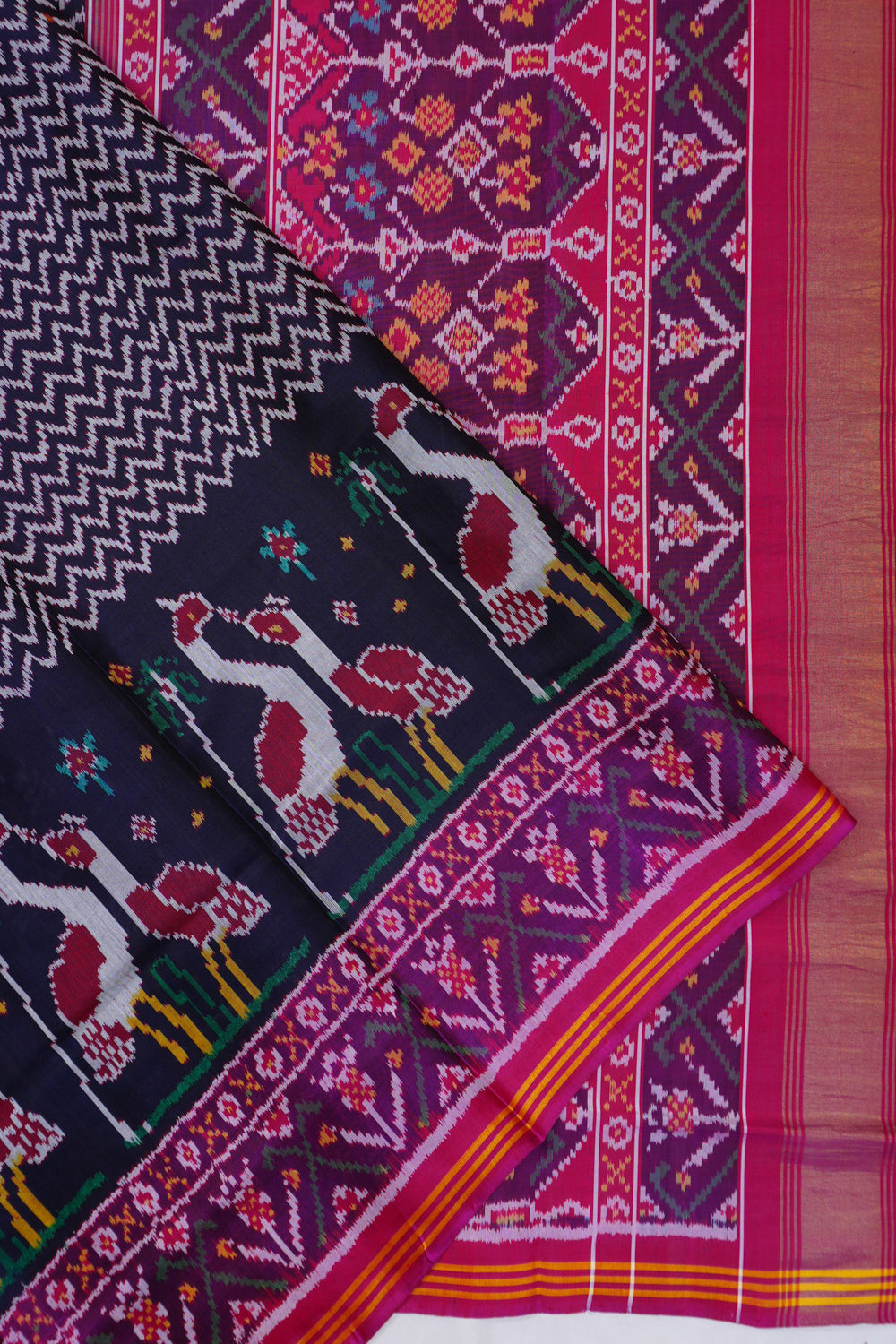 Semi Patan Silk Ikat Zig Zag Lines Midnight Blue Saree