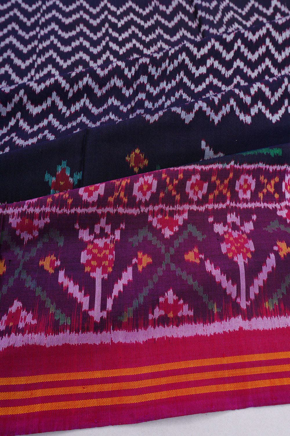 Semi Patan Silk Ikat Zig Zag Lines Midnight Blue Saree