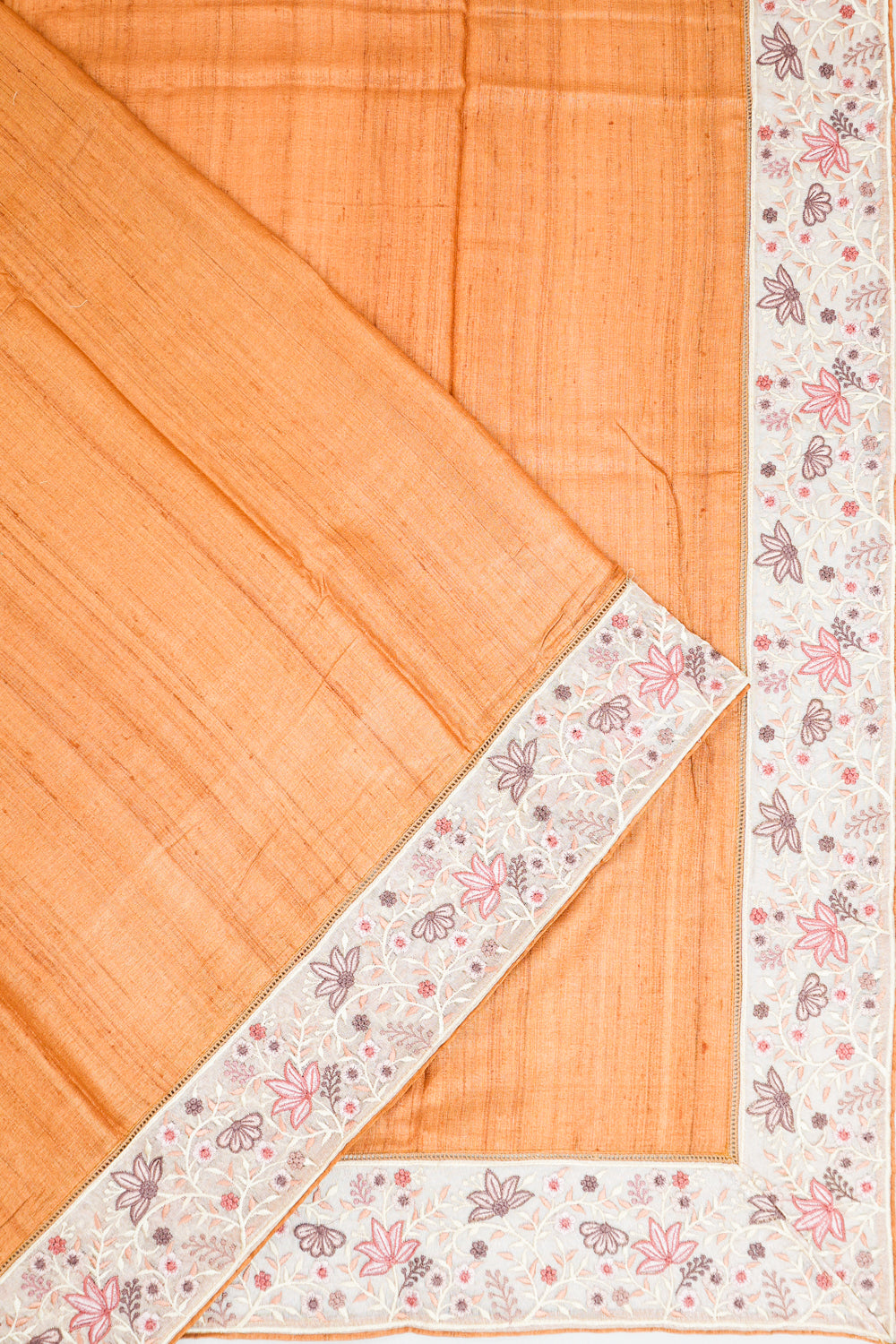 Tussar Plain Orange Saree With Embroidery Border