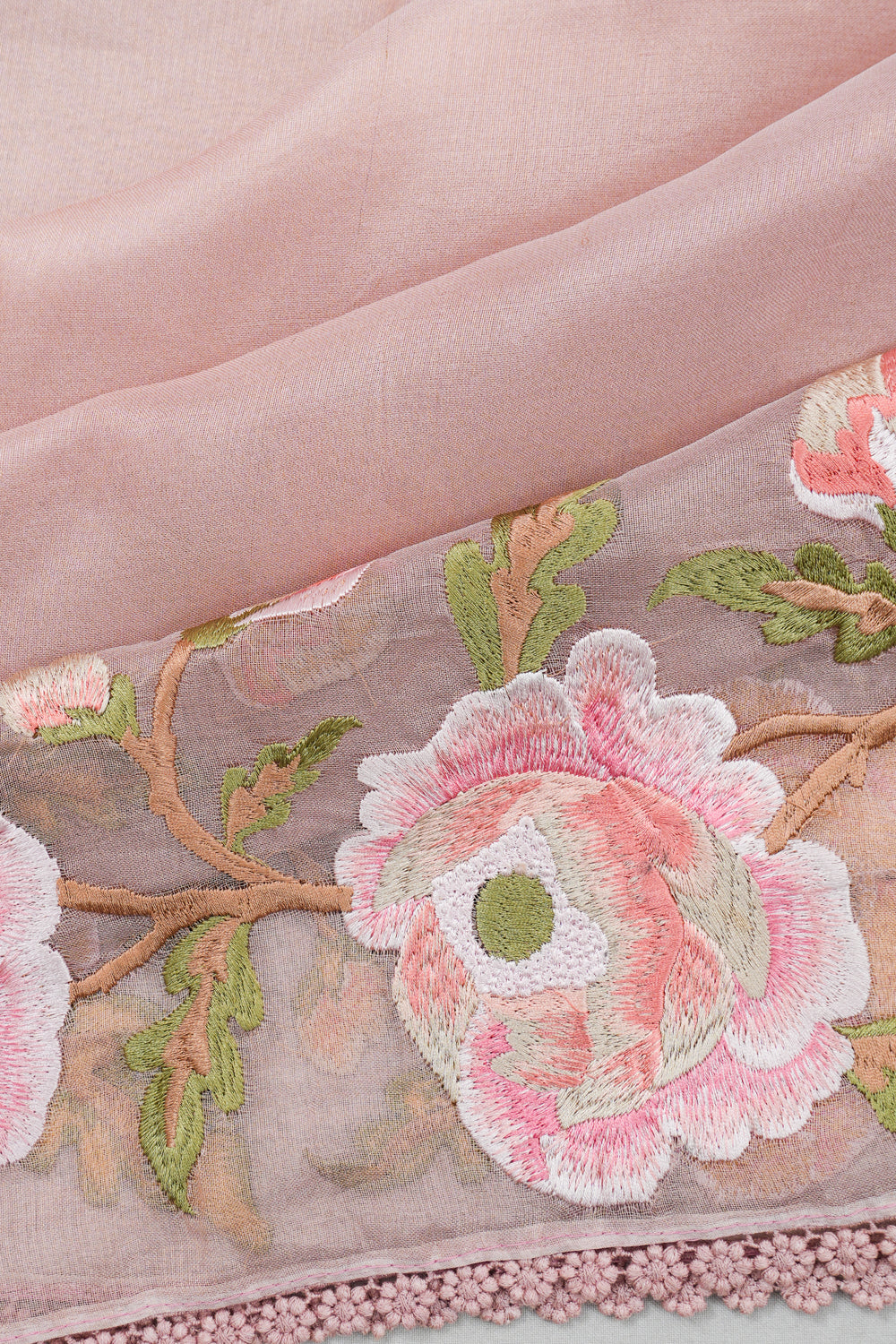 Organza Plain Peach Saree With Embroidery Border
