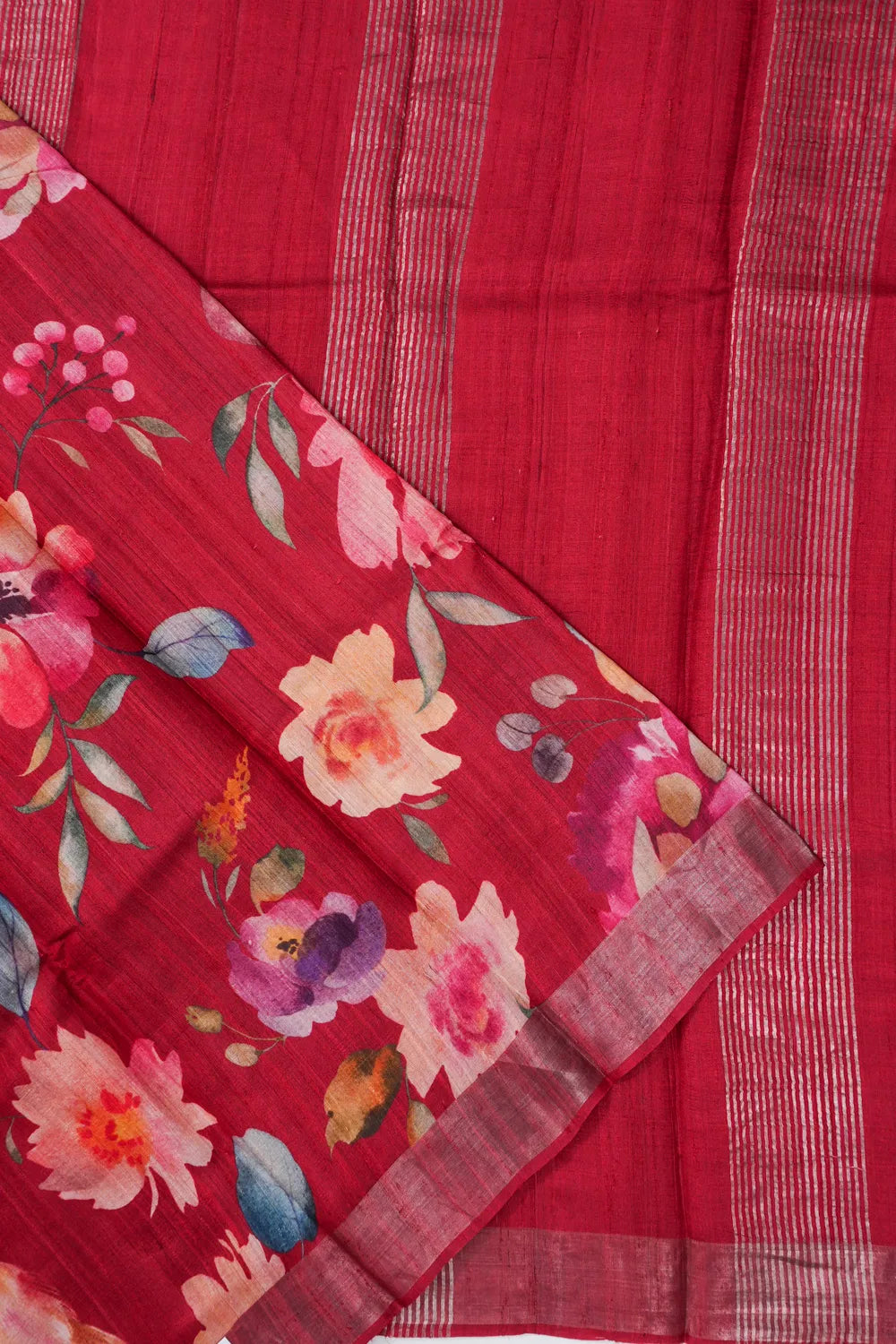 Tussar Printed Red Saree