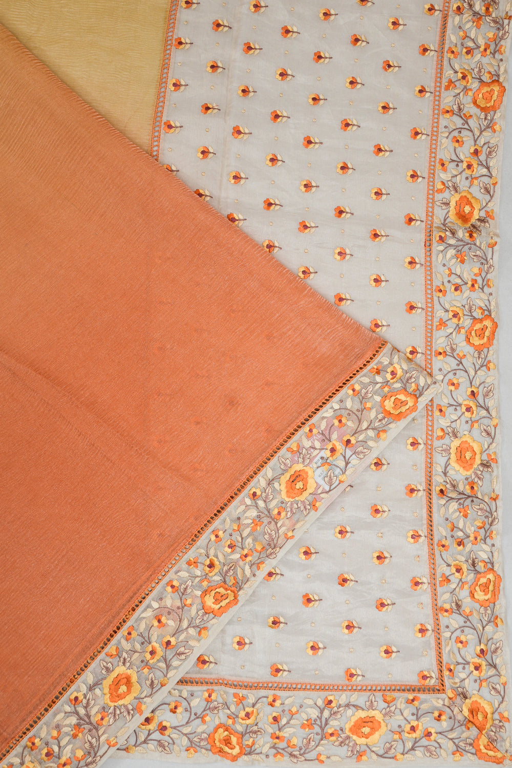 Crushed Organza Plain Orange And Yellow Saree With Embroidery Border