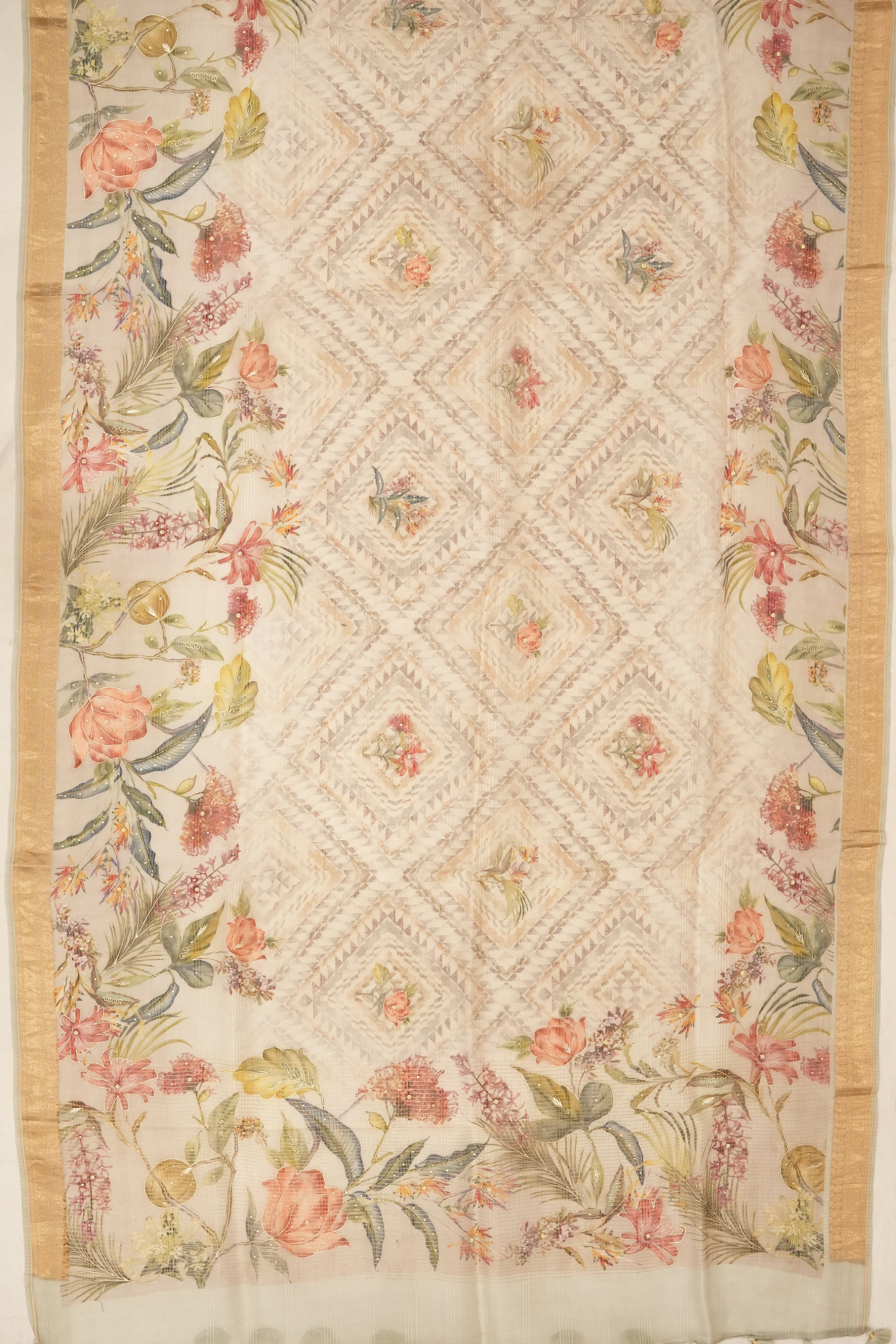 Organza Printed Cream Saree With Embroidery Outline