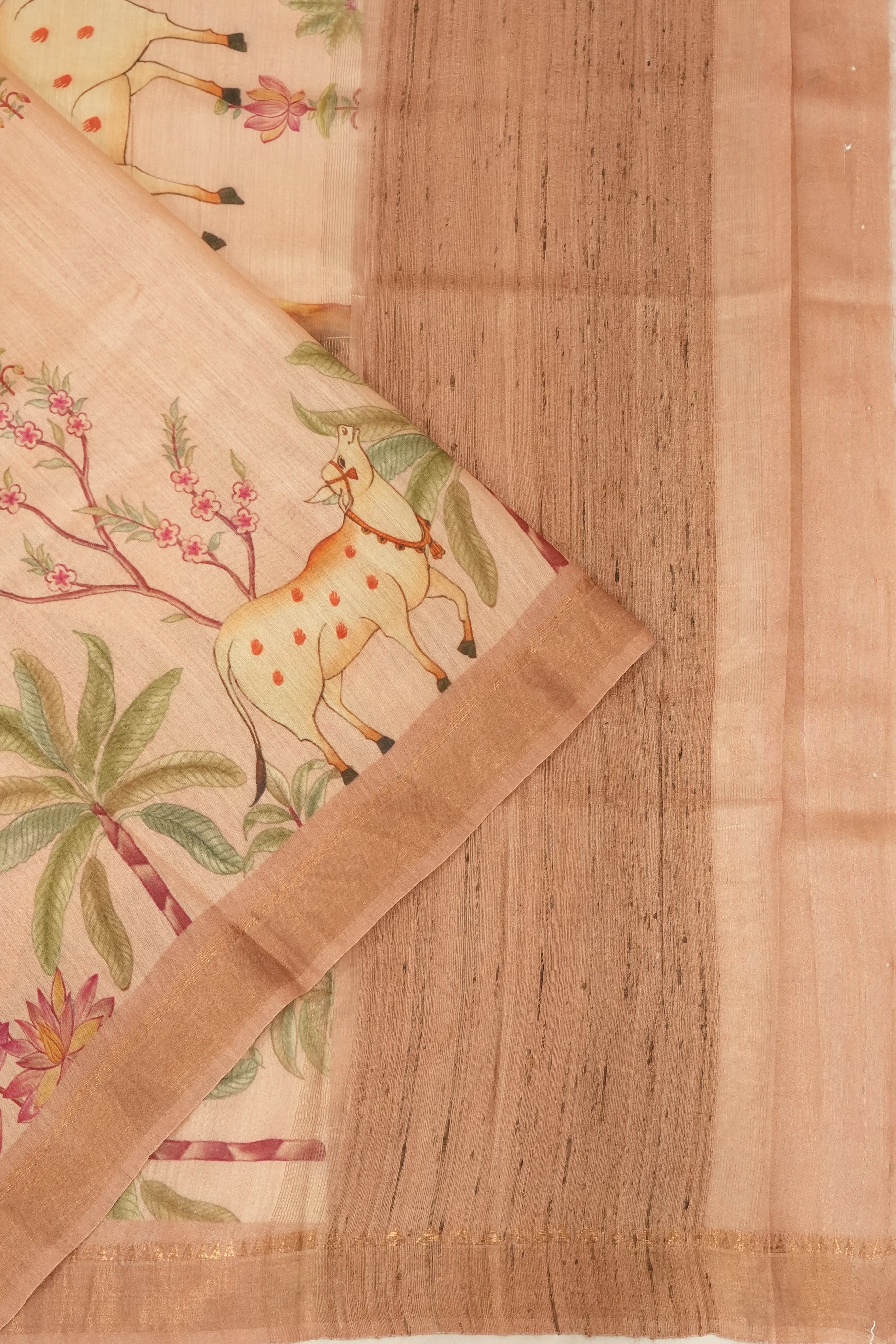 Tussar Printed Peach Saree With Pichwai Motifs