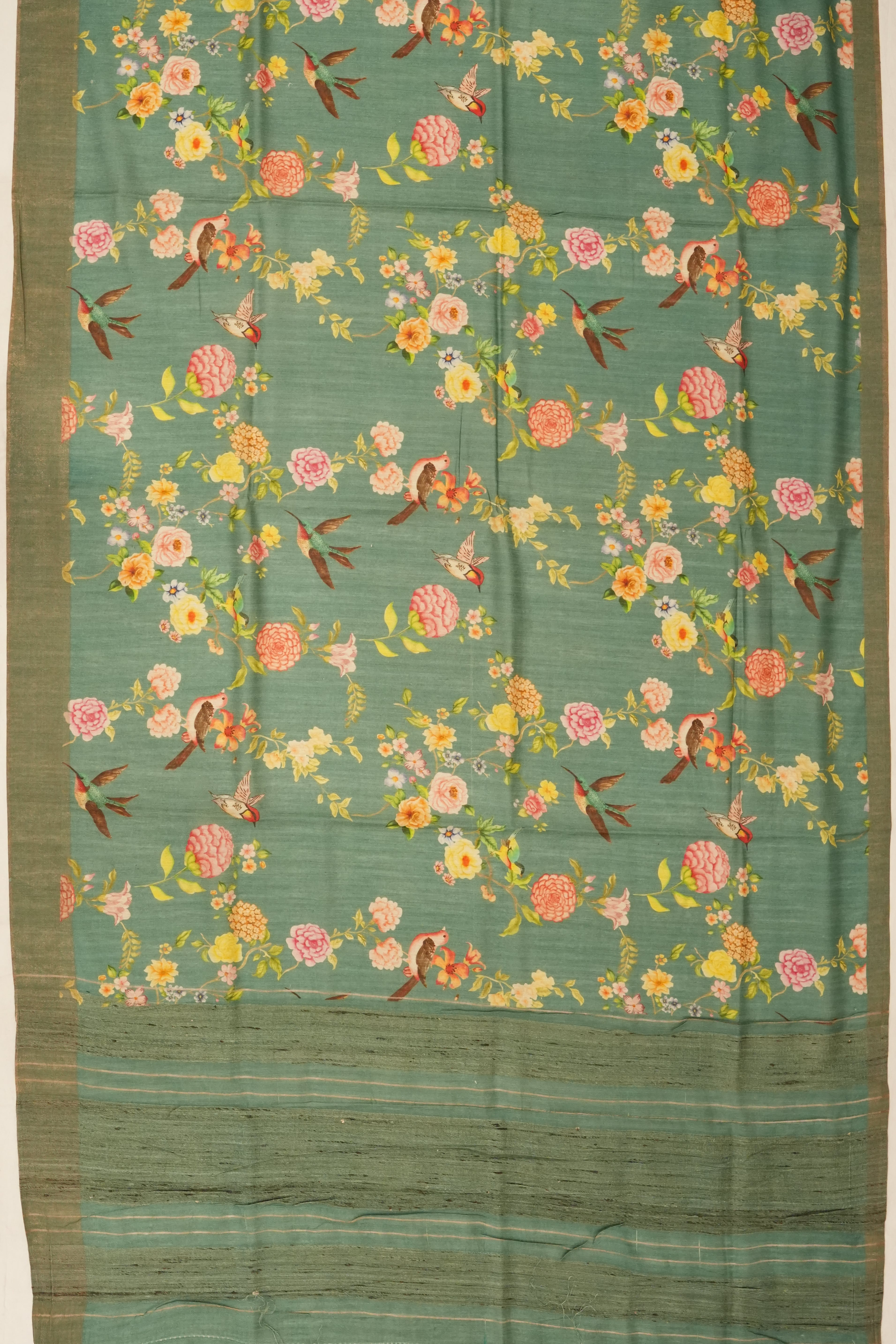 Tussar Printed Green Saree