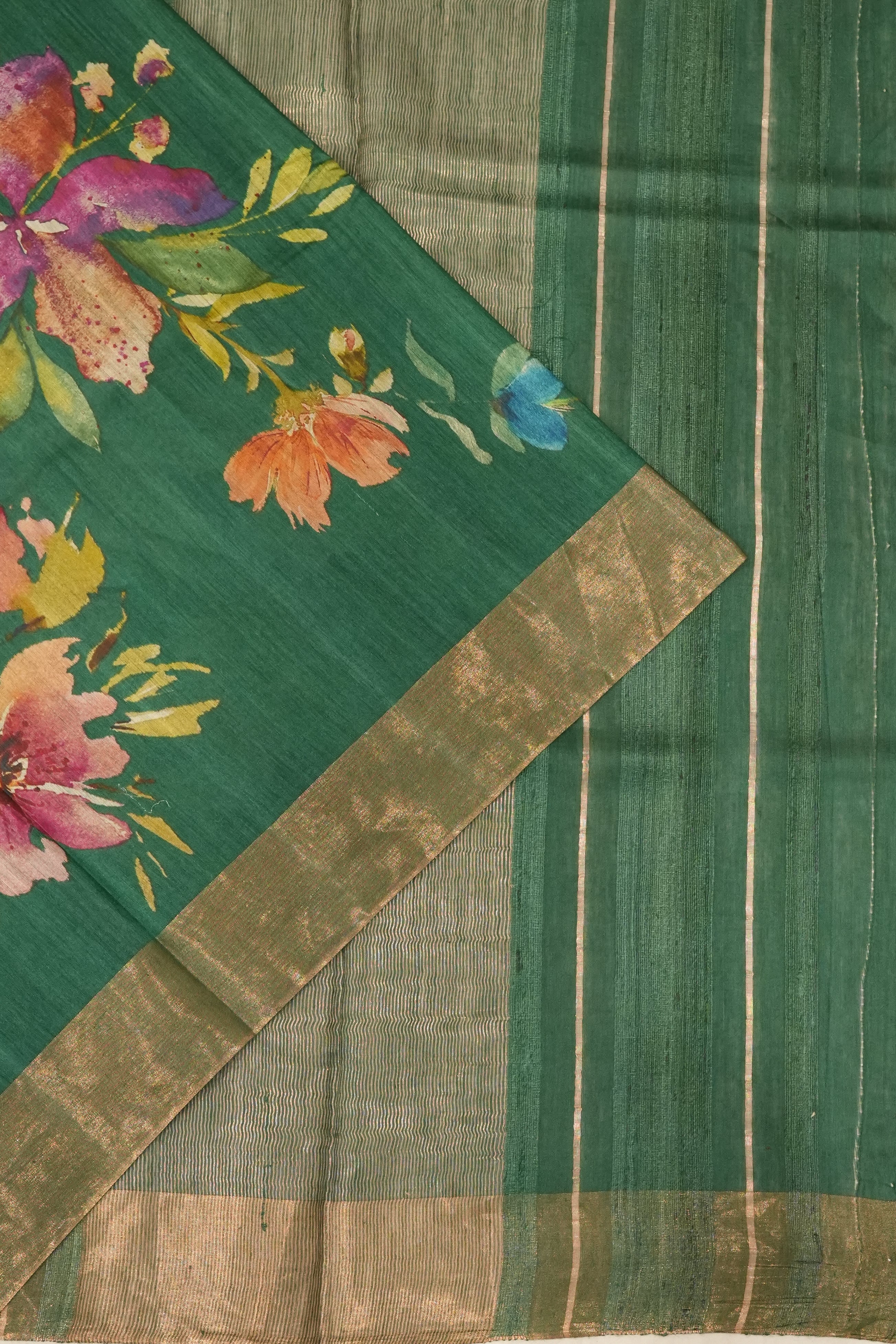Tussar Printed Green Saree