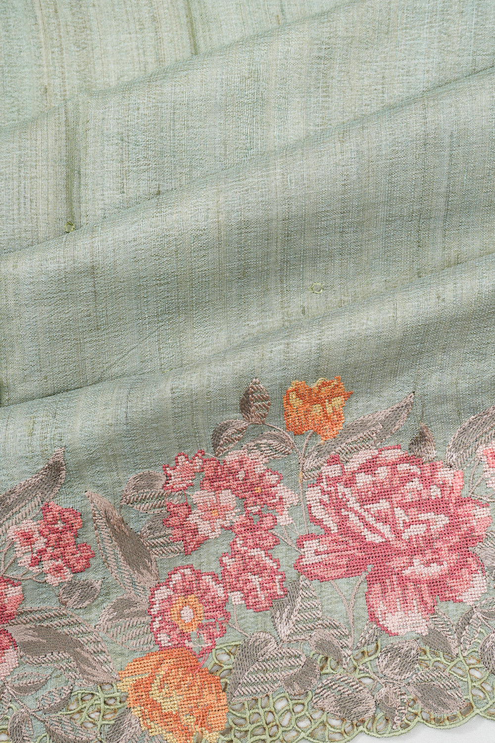 Tussar Butta Olive Green Saree With Embroidery Cutwork Border