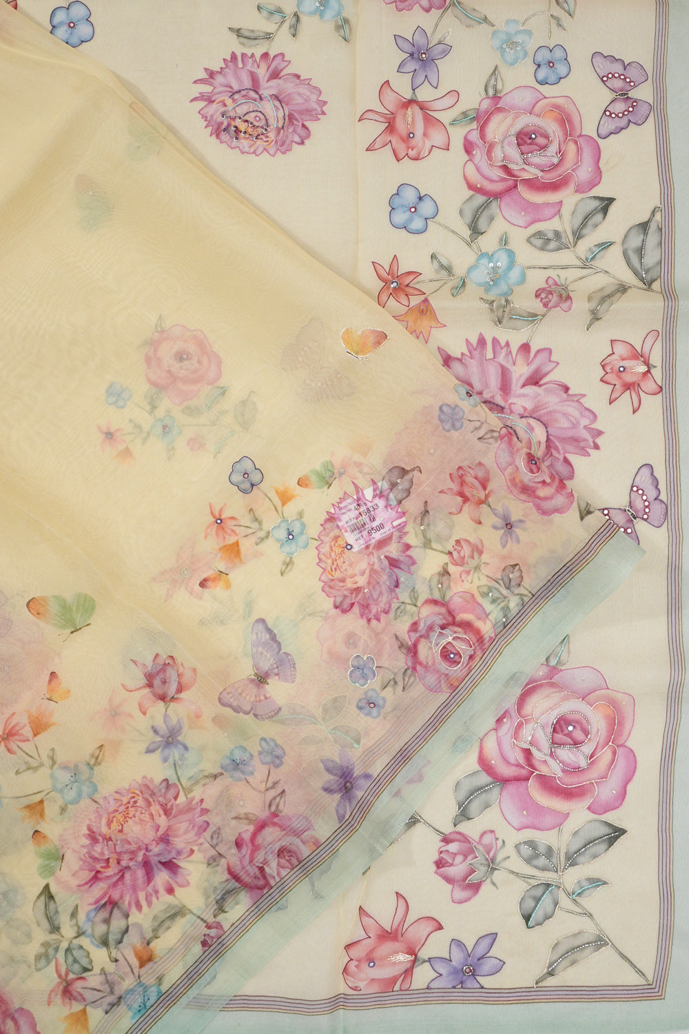 Organza Floral Printed Pale Yellow Saree