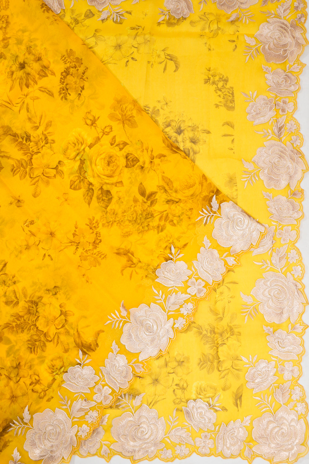 Organza Printed Yellow Saree With Embroidery Scallop Border