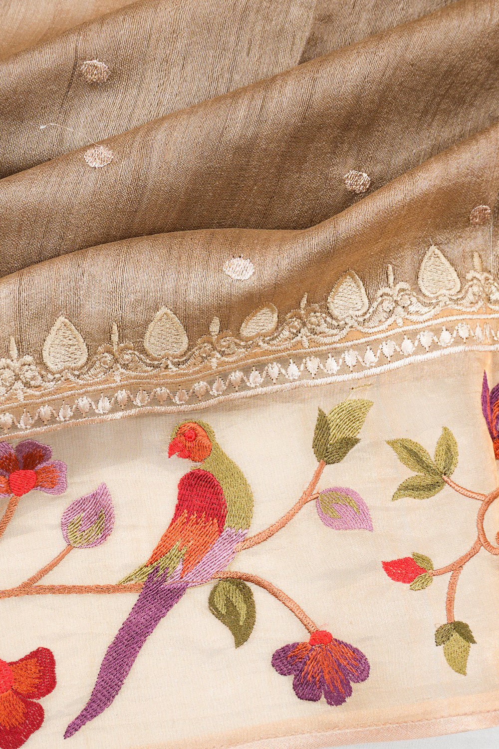 Tussar Butta Brown Saree With Embroidery Border