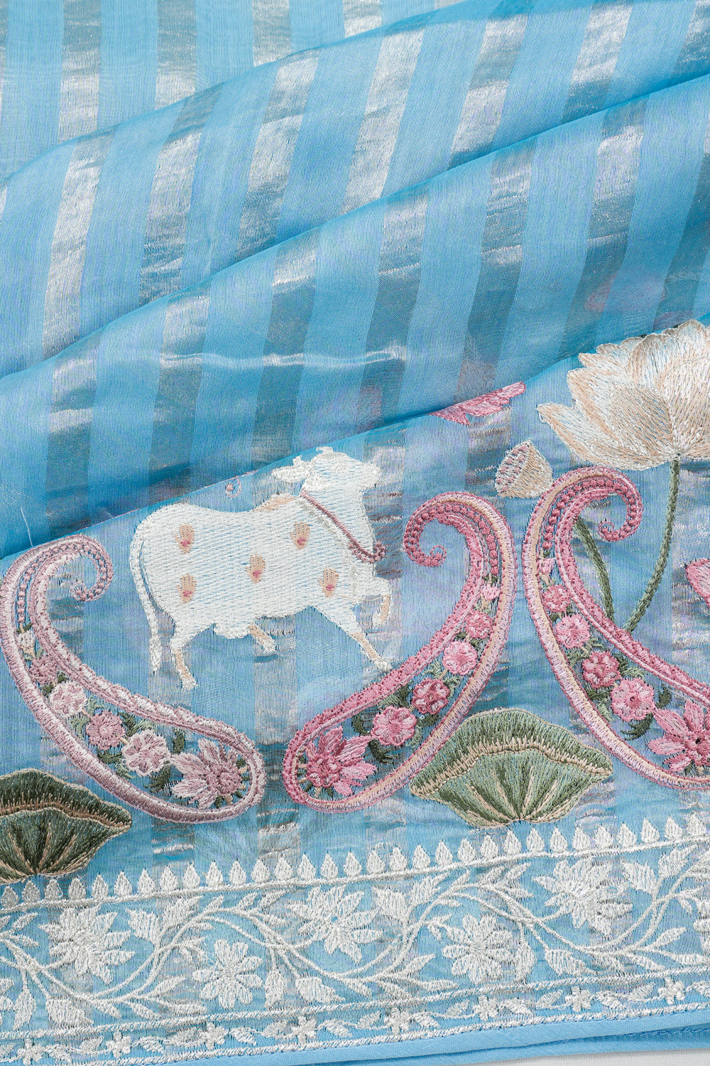 Organza Lines Sky Blue Saree With Embroidery Pichwai Border