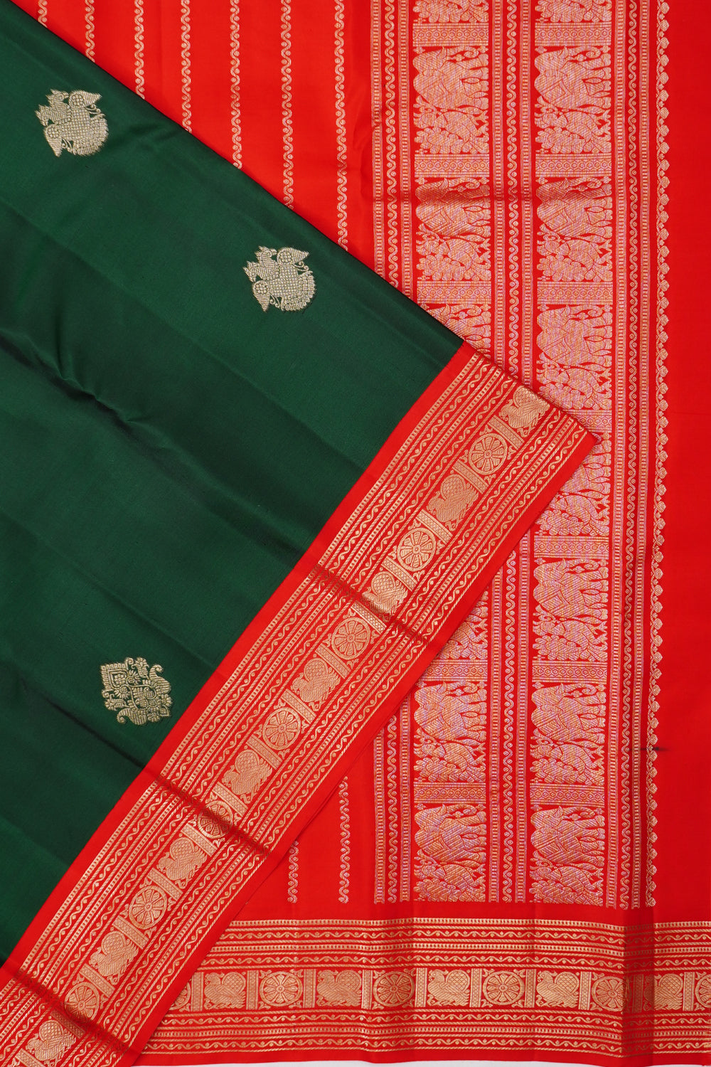 Taranga Kanchi Silk Butta Bottle Green Saree