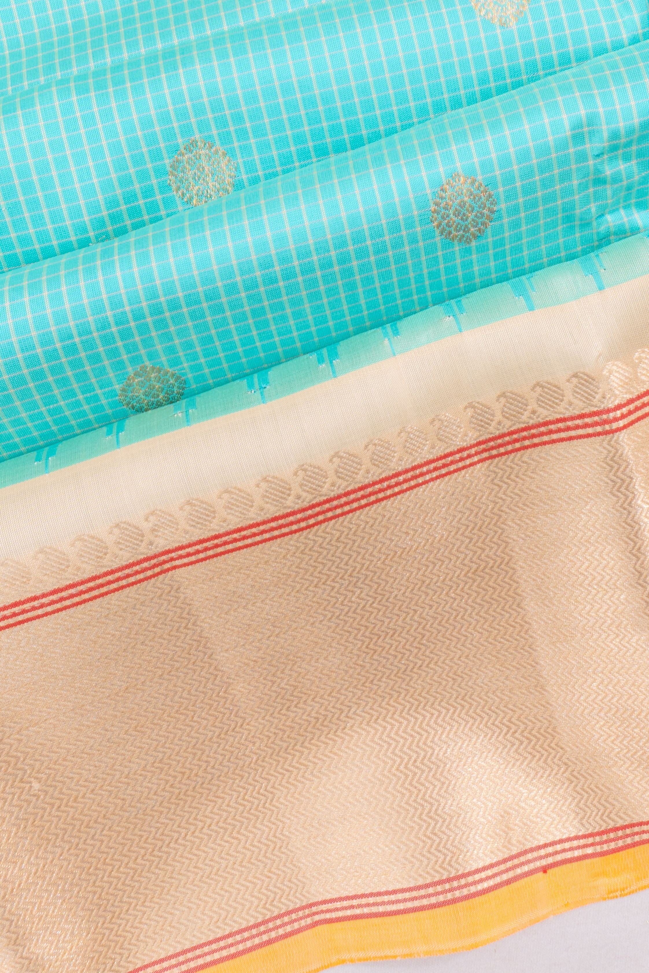 Gadwal Silk Checks And Butta Sky Blue Saree
