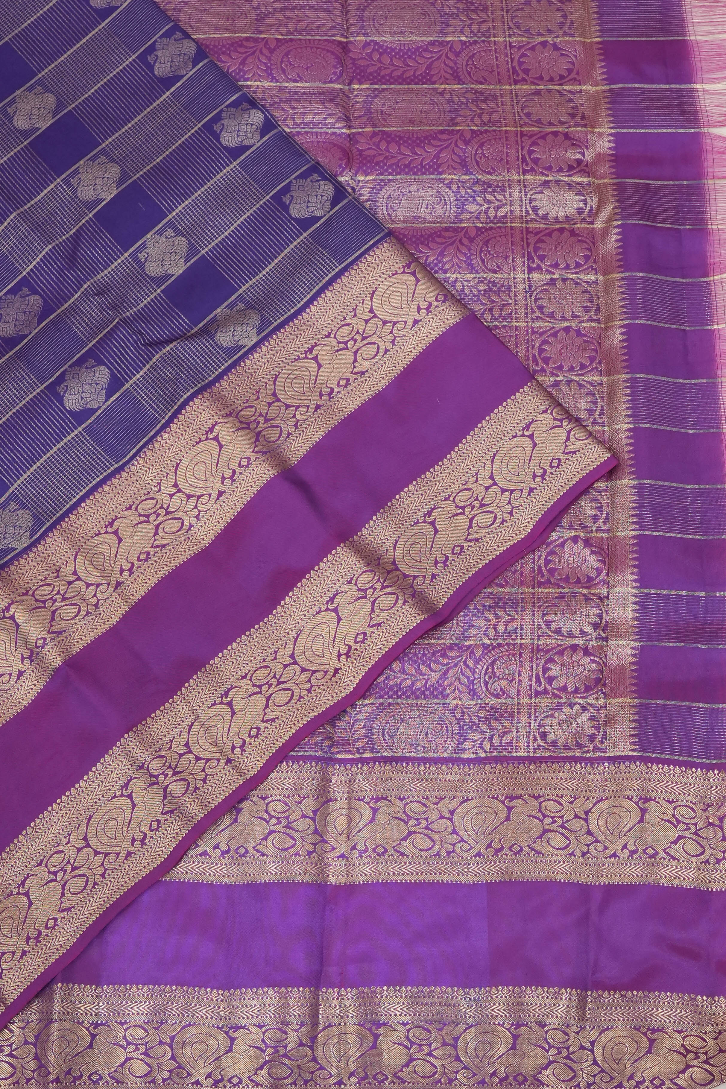Soft Silk Butta Checks And Butta Blue Saree With Rettai Pettu Border