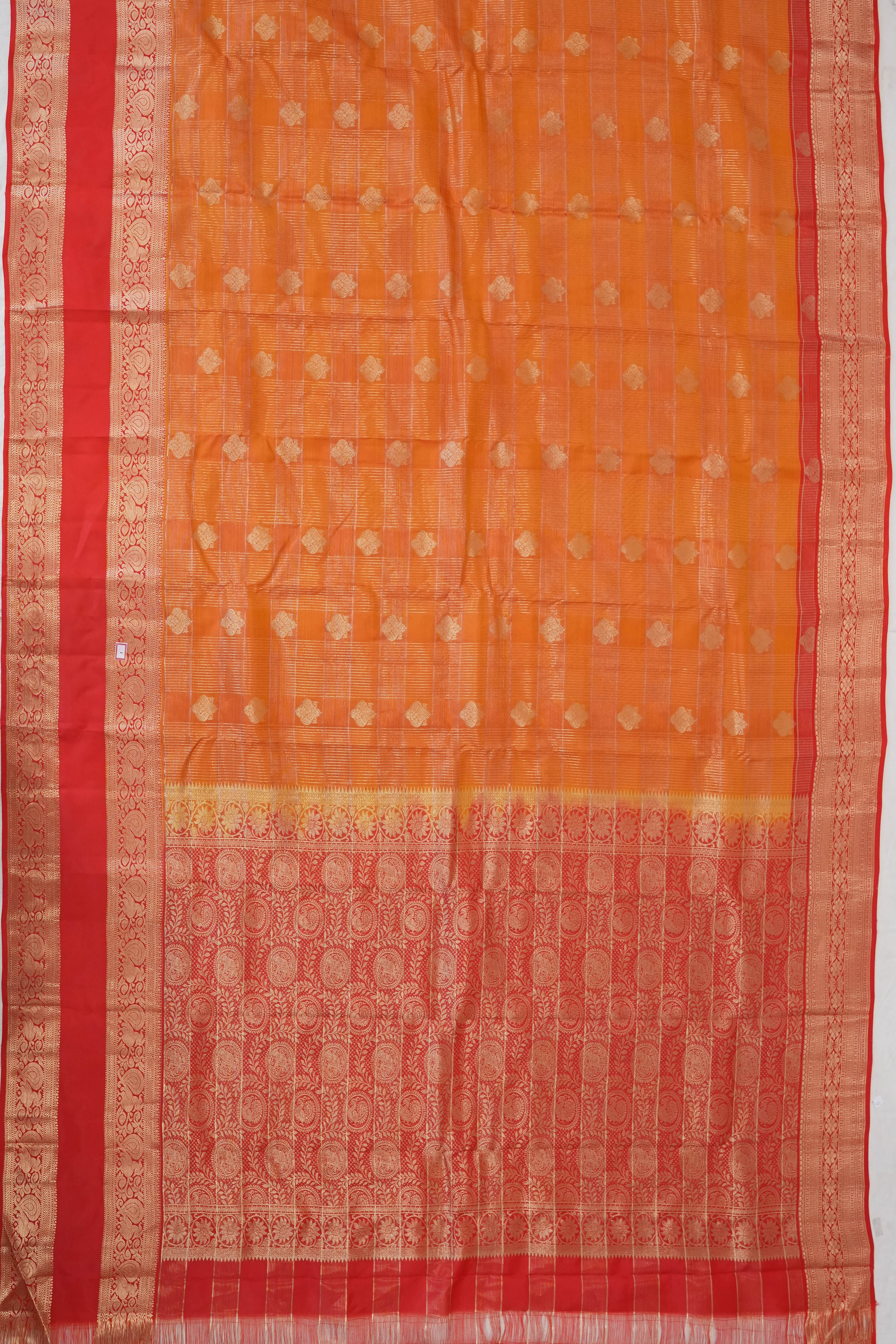 Soft Silk Butta Checks And Butta Orange Saree With Rettai Pettu Border