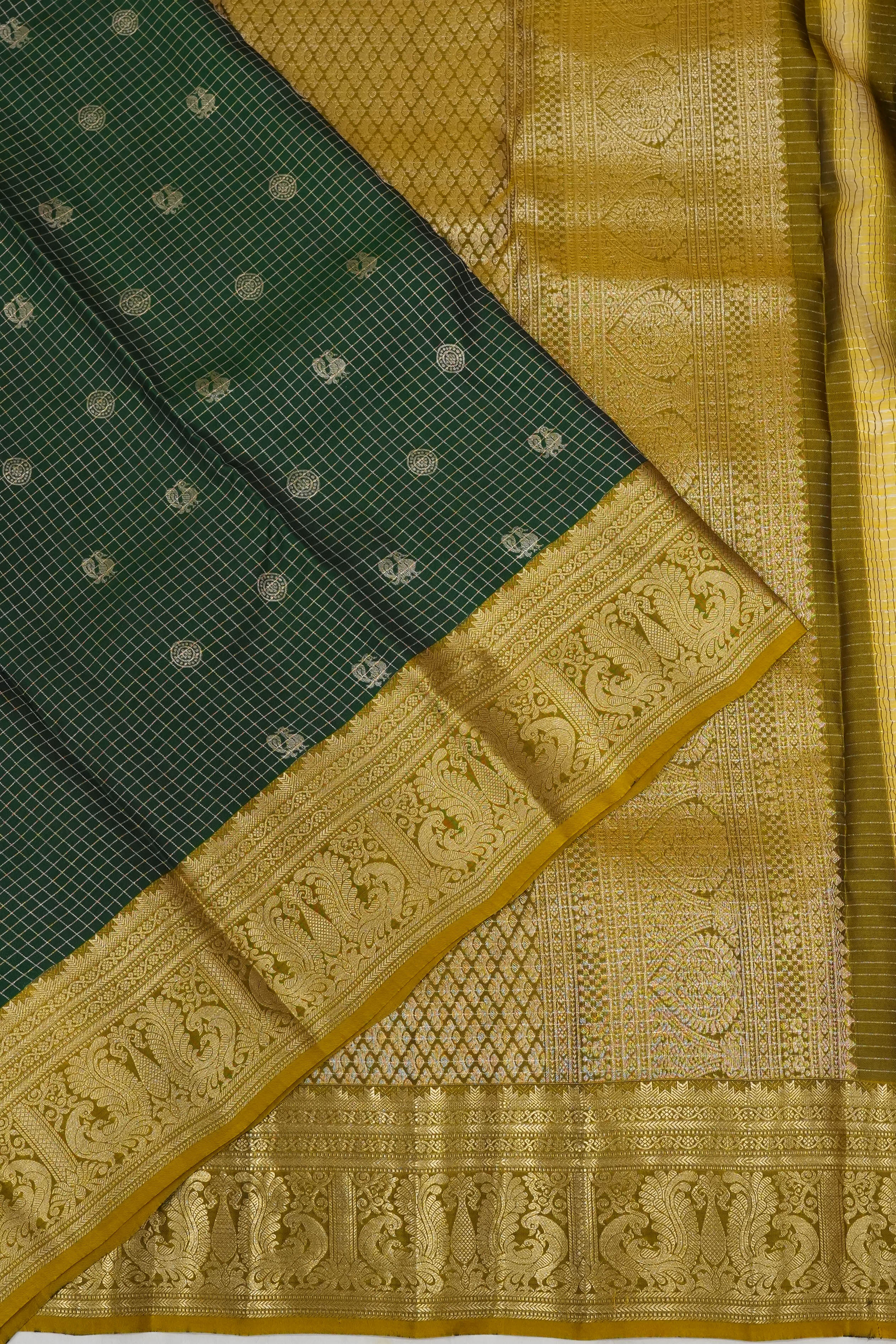 Soft Silk Butta Checks And Butta Bottle Green Saree