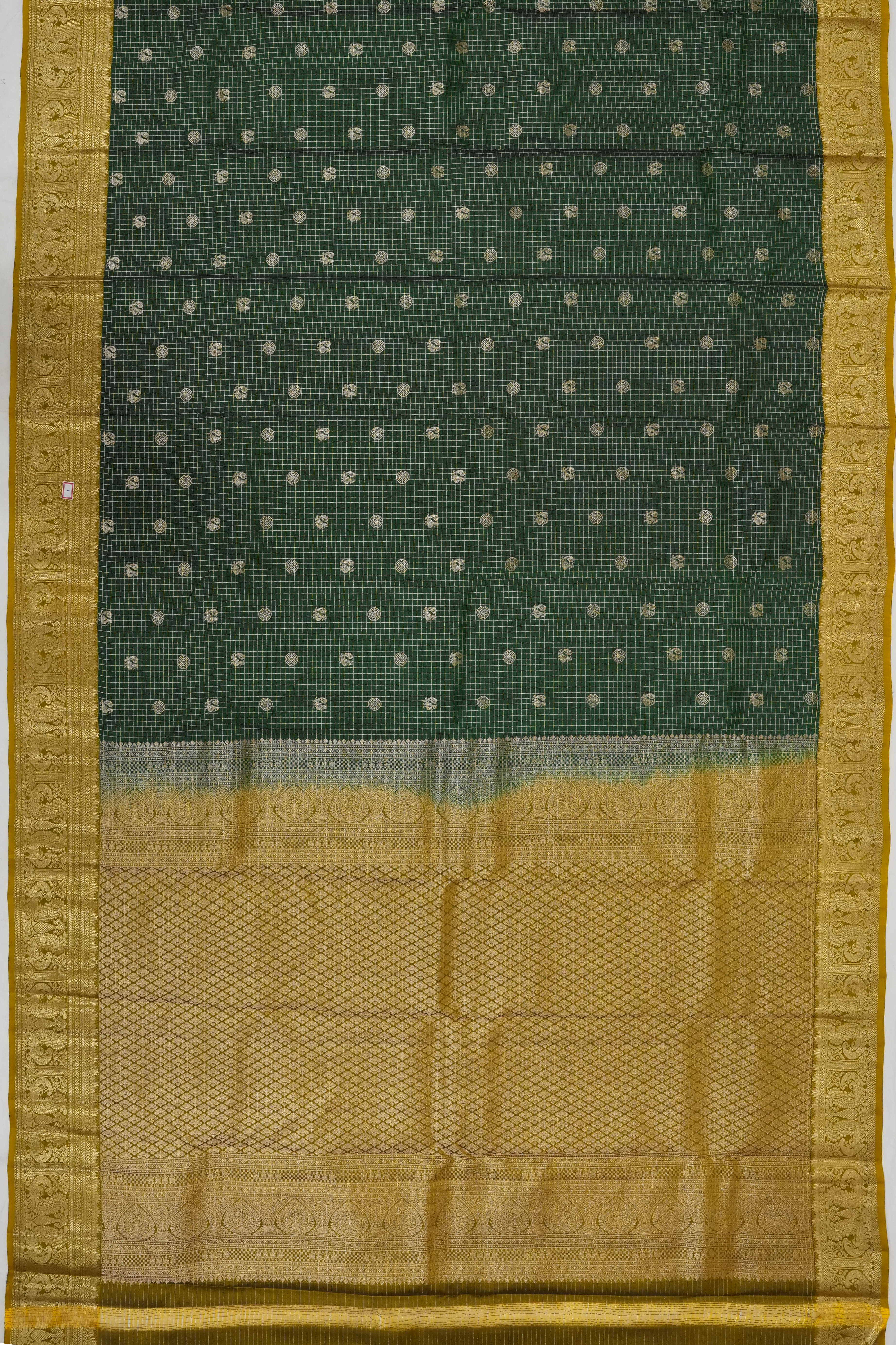 Soft Silk Butta Checks And Butta Bottle Green Saree