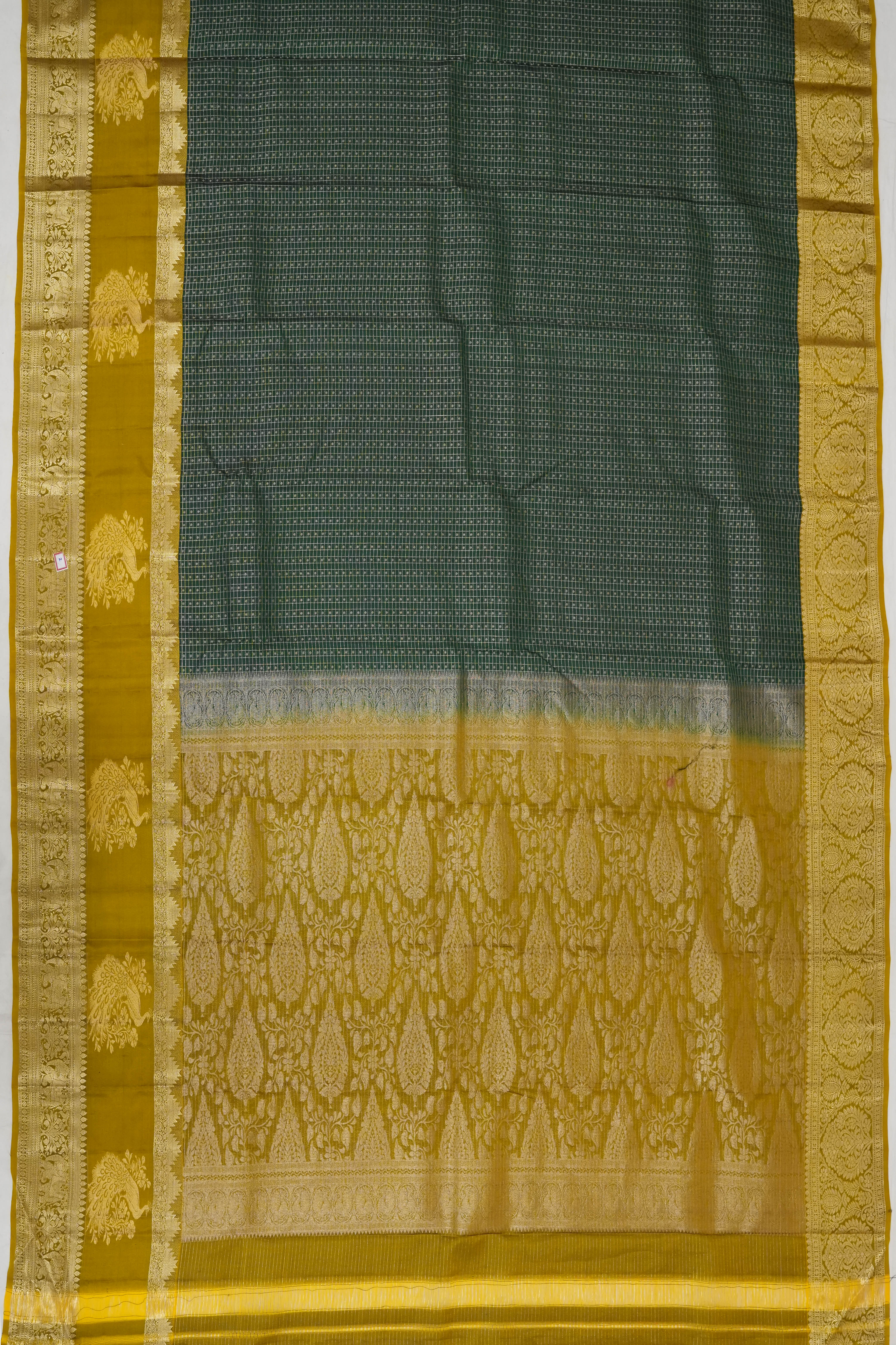 Soft Silk Butta Checks And Butta Bottle Green Saree