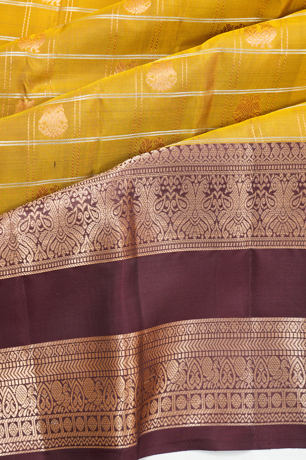 Taranga Kanchi Silk Checks And Butta Yellow Saree With Rettai Pettu Border