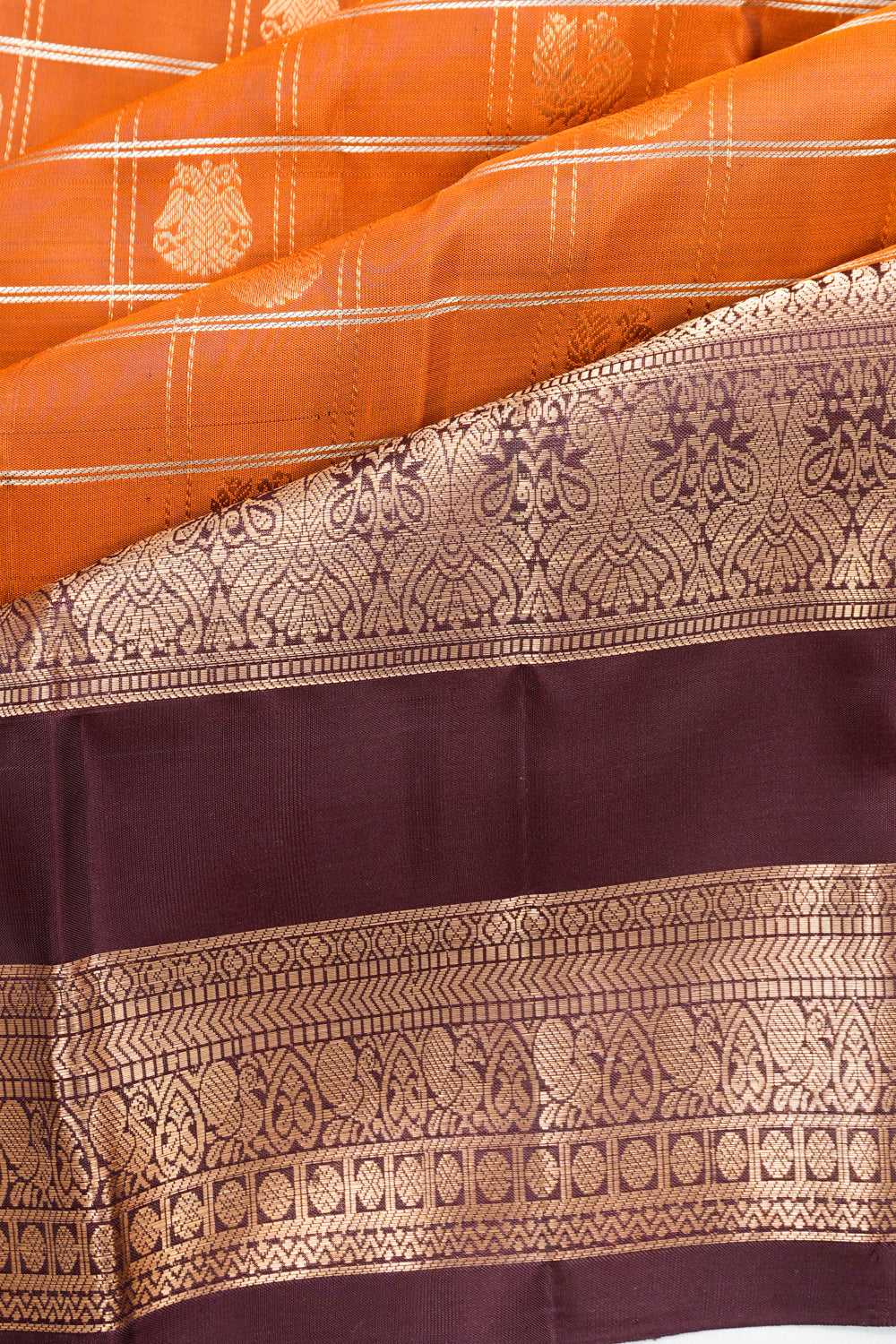 Taranga Kanchi Silk Checks And Butta Rust Orange Saree With Rettai Pettu Border