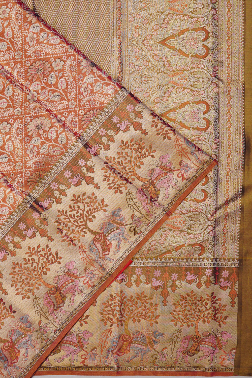 Taranga Kanchi Silk Tissue Brocade Rust Orange Saree
