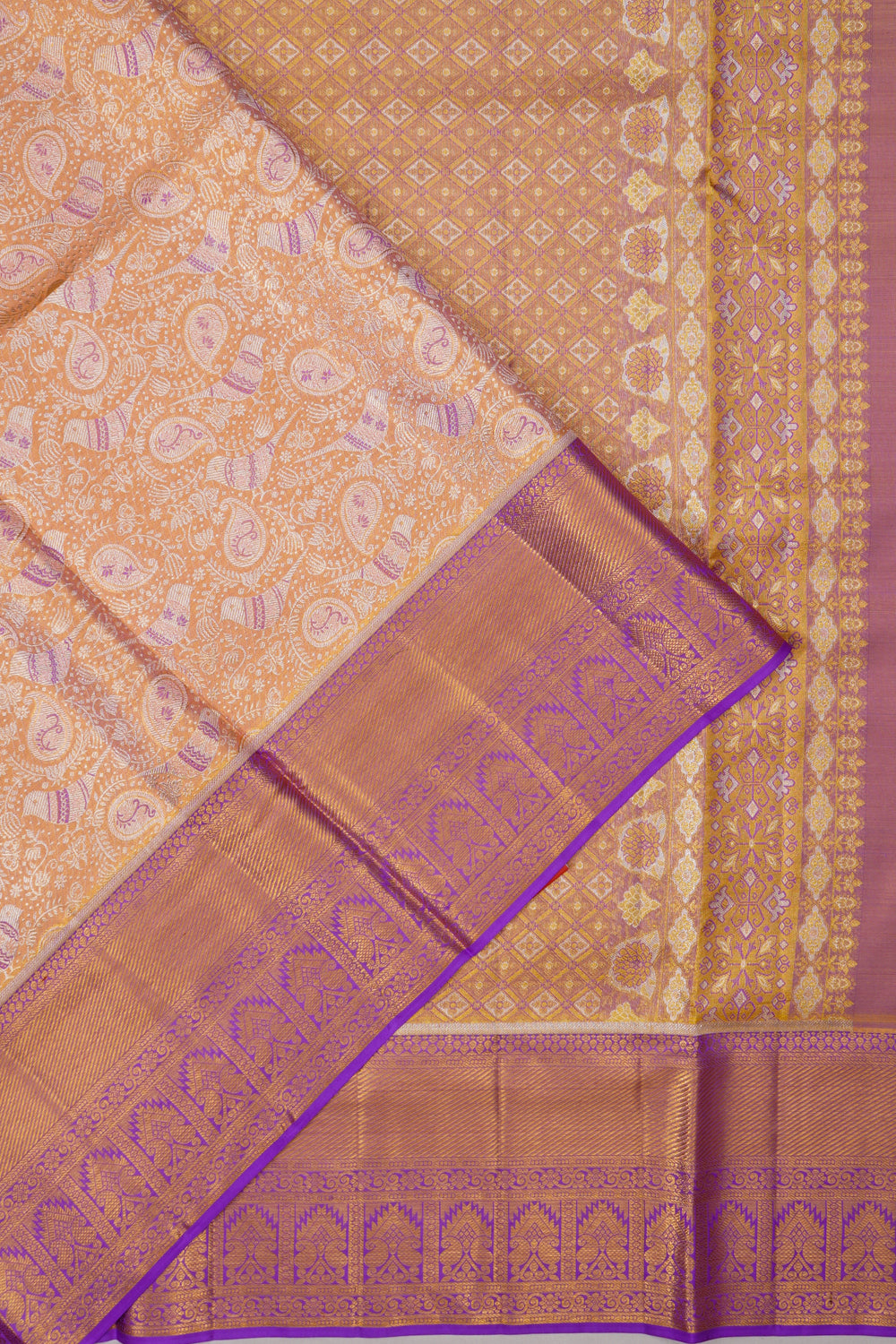 Kanchipuram Silk Tissue Brocade Peach Saree