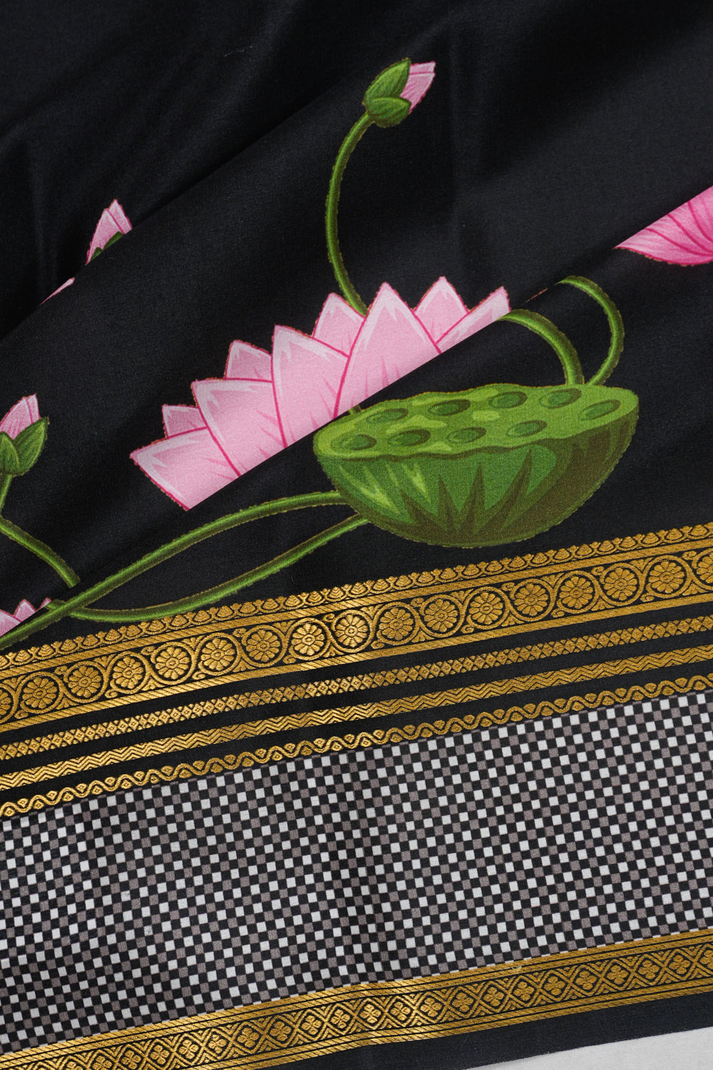 Mysore Silk Printed Black Saree With Pichwai Motifs
