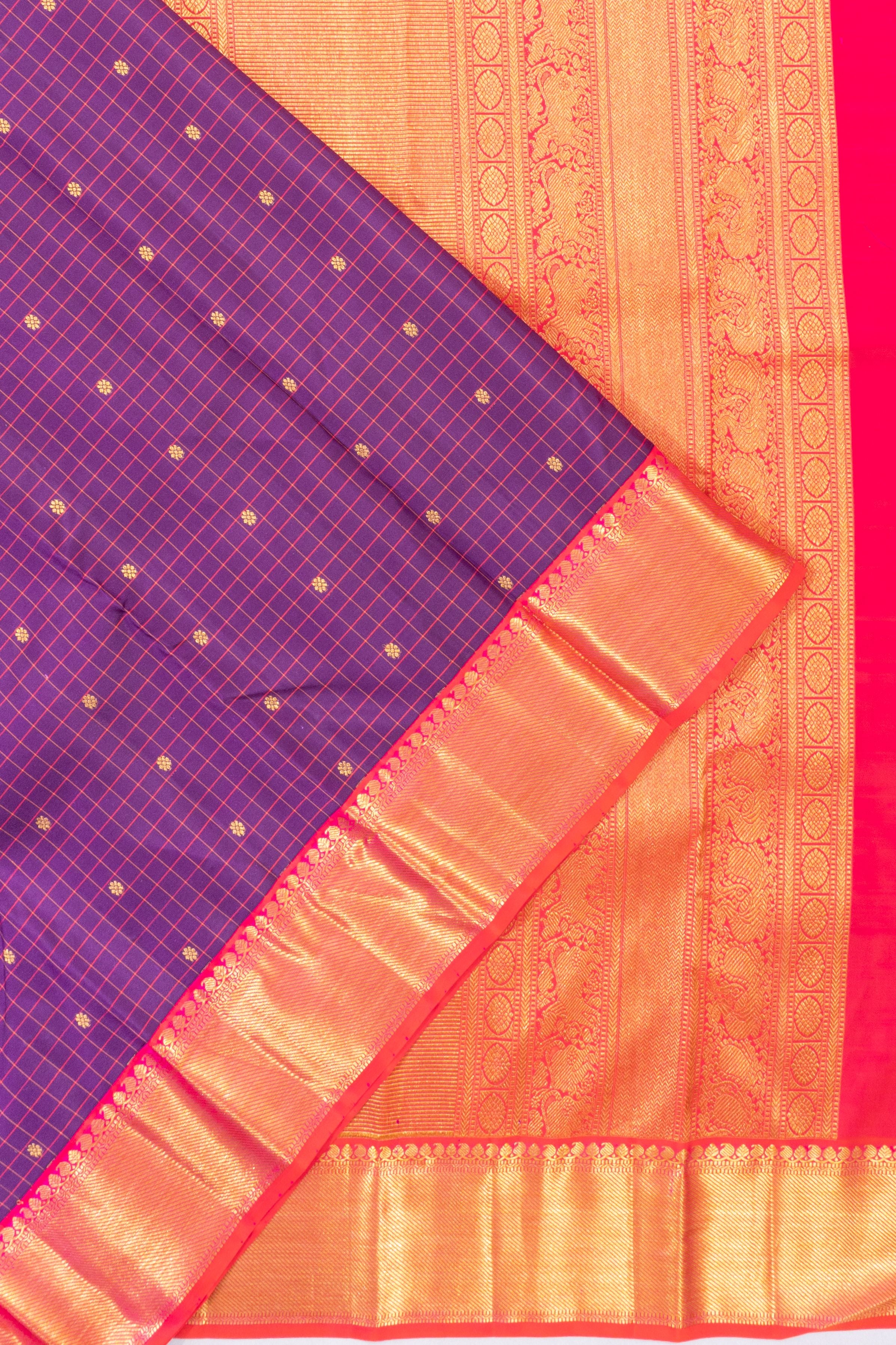 Kanchipuram Silk Checks And Butta Violet Saree