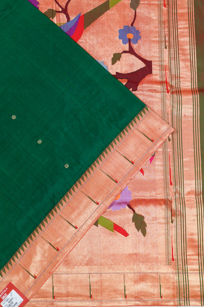 Paithani Silk Butta Green Saree With Single Muniya Border