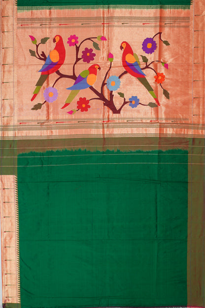 Paithani Silk Butta Green Saree With Single Muniya Border