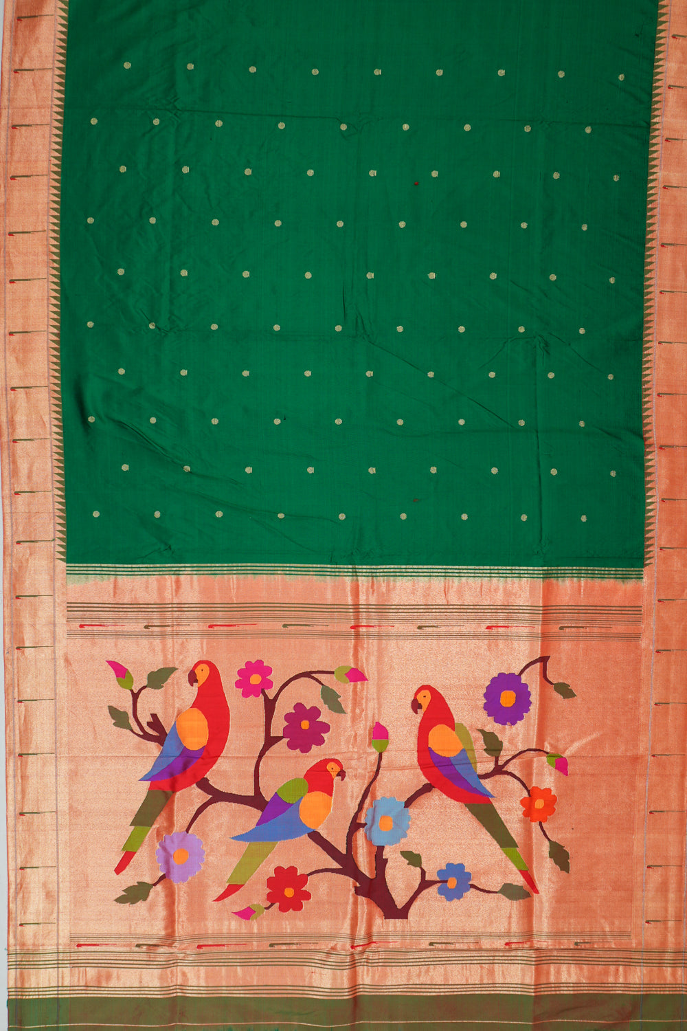 Paithani Silk Butta Green Saree With Single Muniya Border