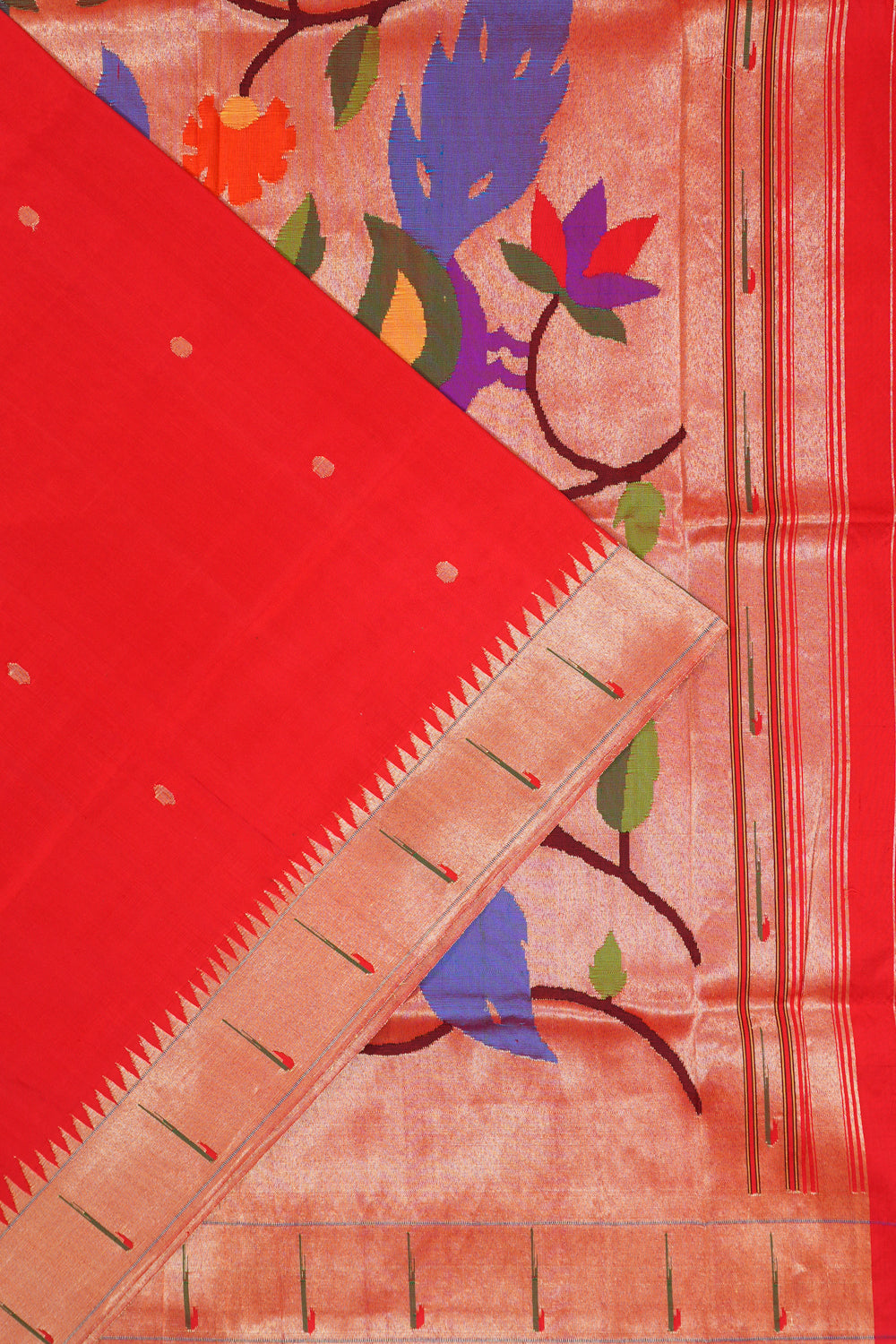 Paithani Silk Butta Red Saree With Single Muniya Border
