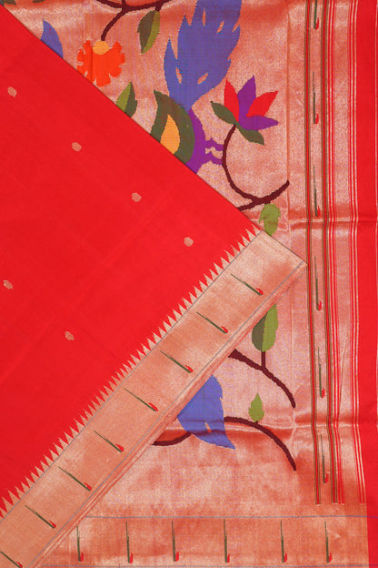 Paithani Silk Butta Red Saree With Single Muniya Border