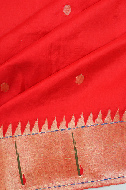 Paithani Silk Butta Red Saree With Single Muniya Border