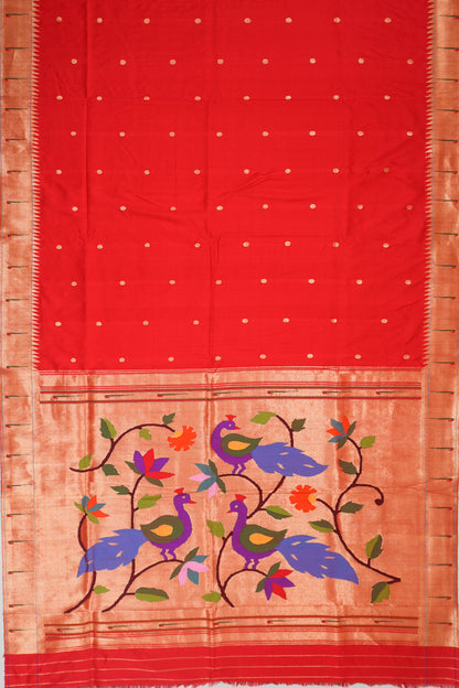 Paithani Silk Butta Red Saree With Single Muniya Border