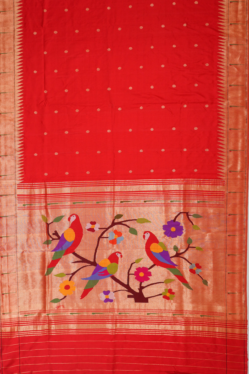 Paithani Silk Butta Red Saree With Single Muniya Border