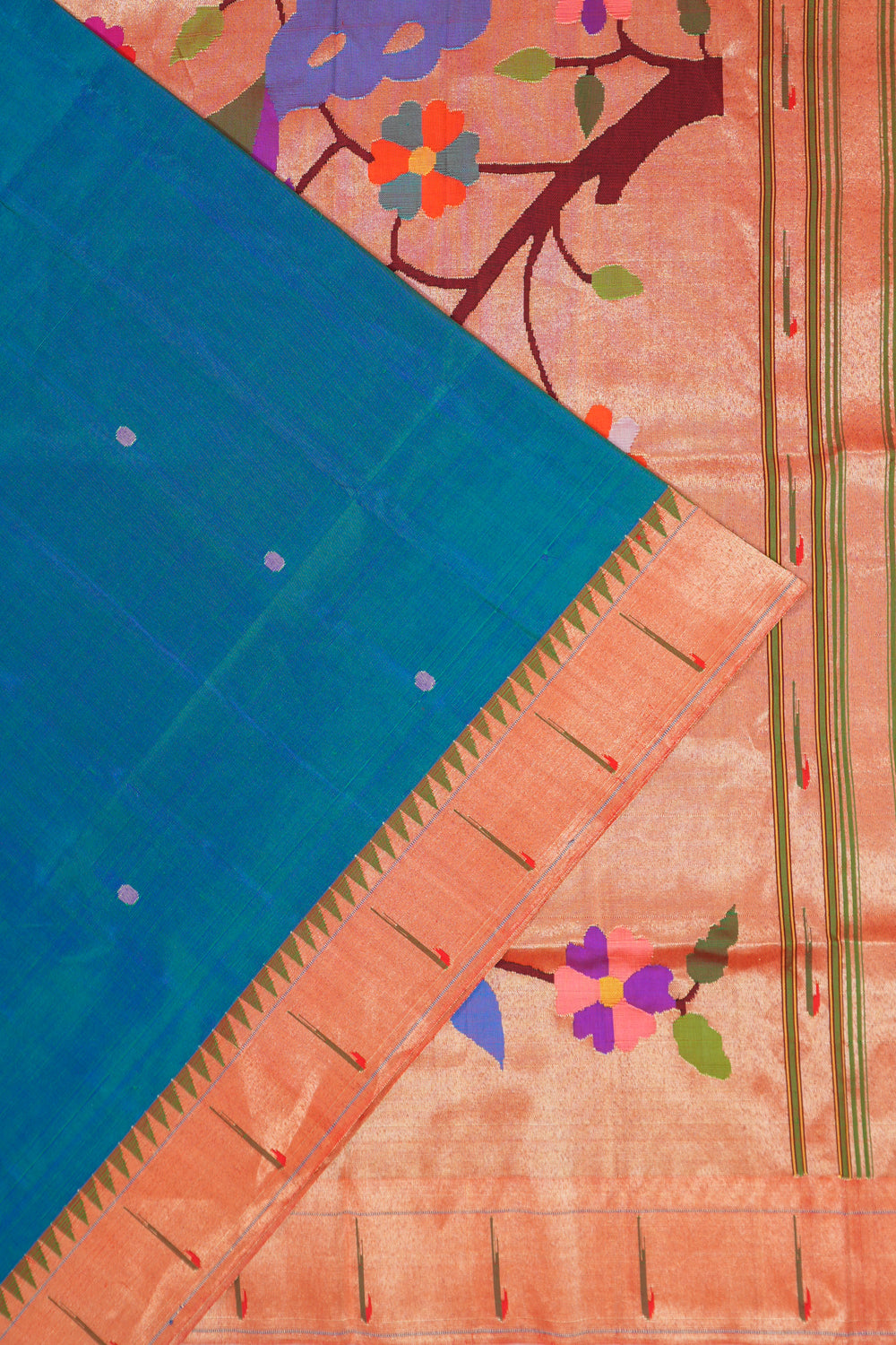 Paithani Silk Butta Blue Saree With Single Muniya Border