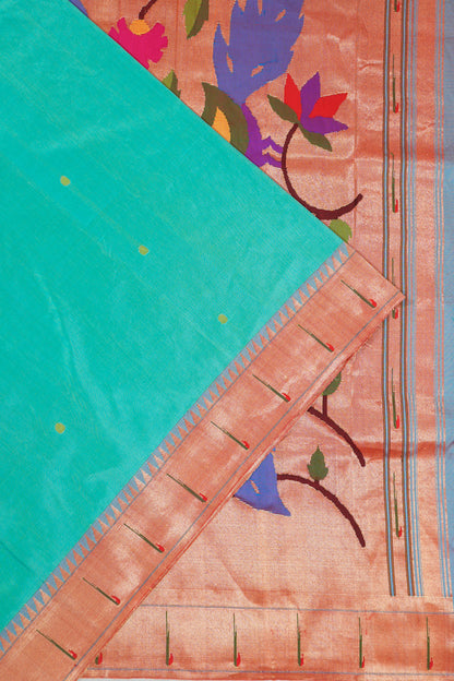 Paithani Silk Butta Sky Blue Saree With Single Muniya Border