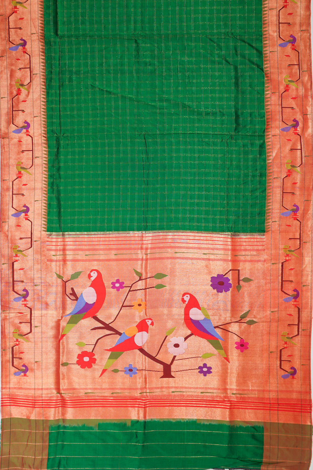 Paithani Silk Checks Green Saree With Akruthi Border