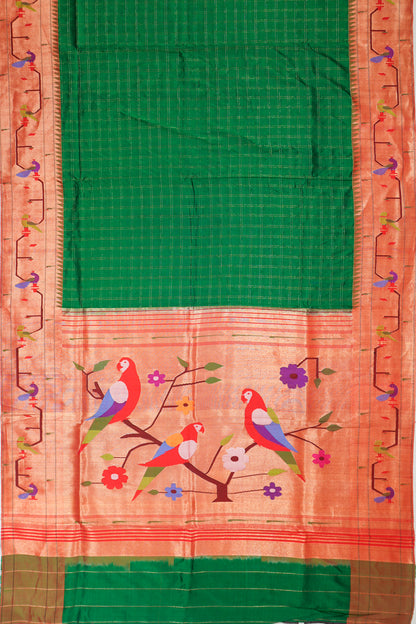 Paithani Silk Checks Green Saree With Akruthi Border