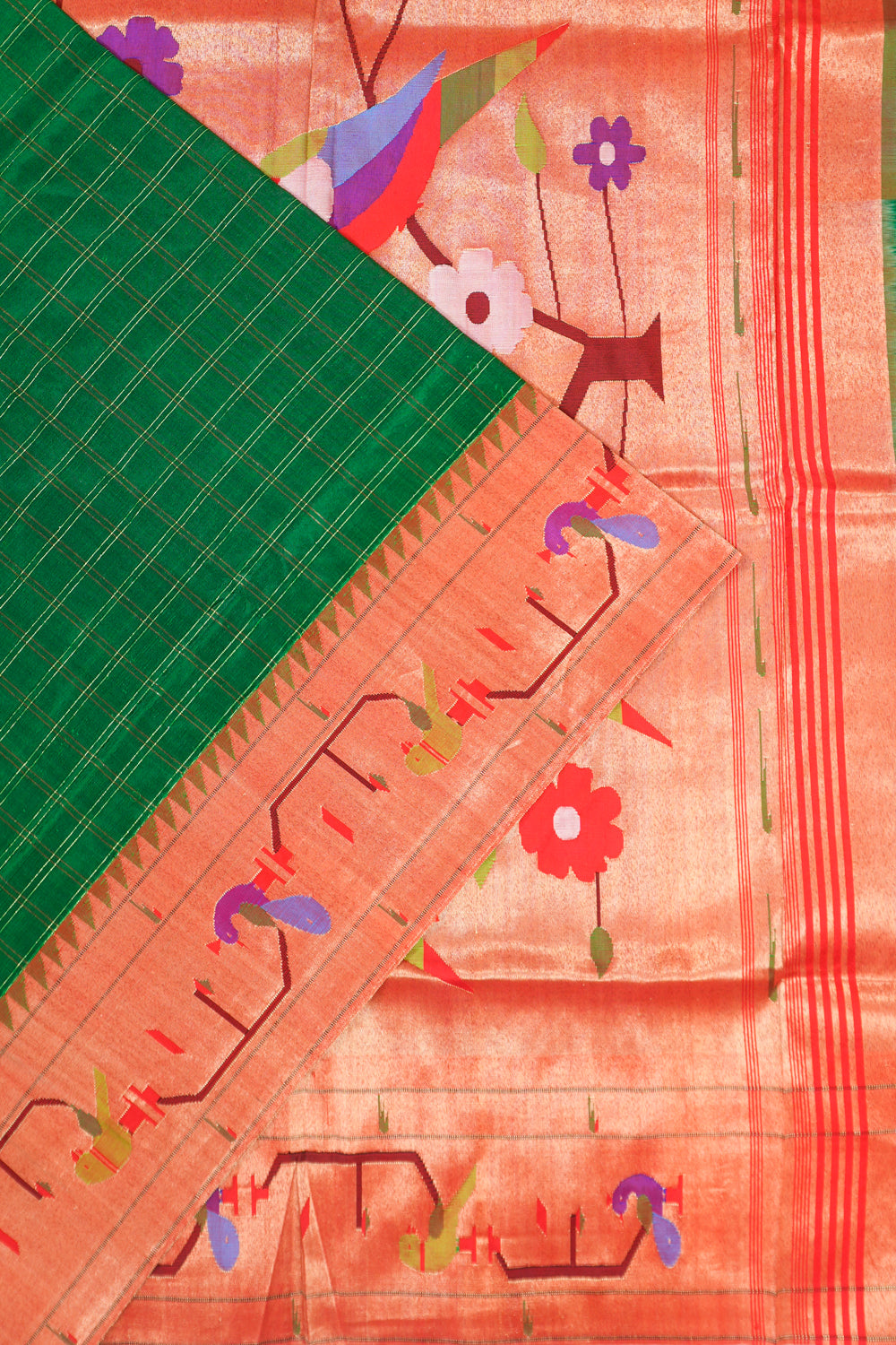 Paithani Silk Checks Green Saree With Akruthi Border