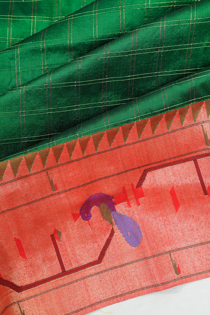 Paithani Silk Checks Green Saree With Akruthi Border