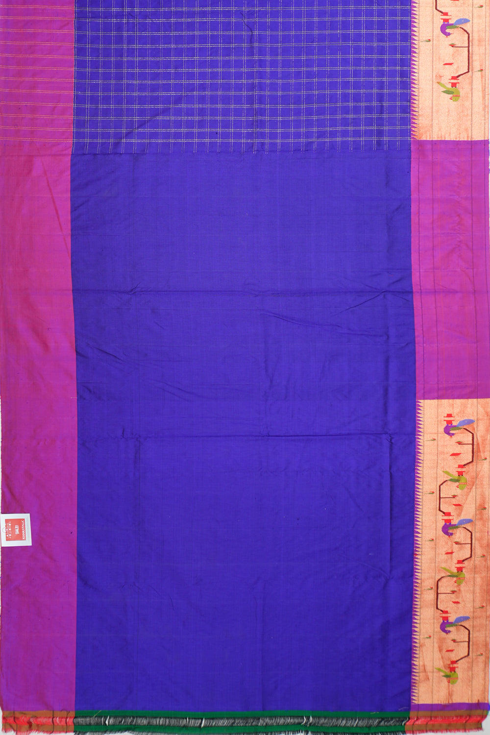 Paithani Silk Checks Royal Blue Saree With Akruthi Border