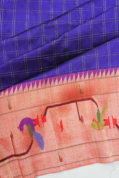 Paithani Silk Checks Royal Blue Saree With Akruthi Border