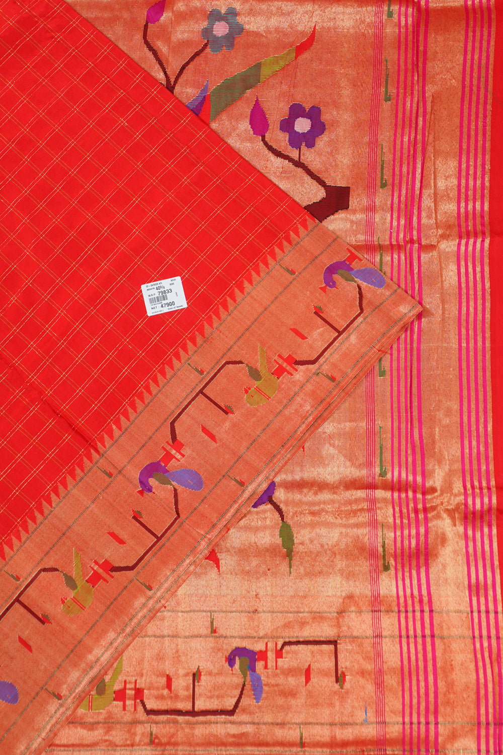 Paithani Silk Checks Red Saree With Akruthi Border