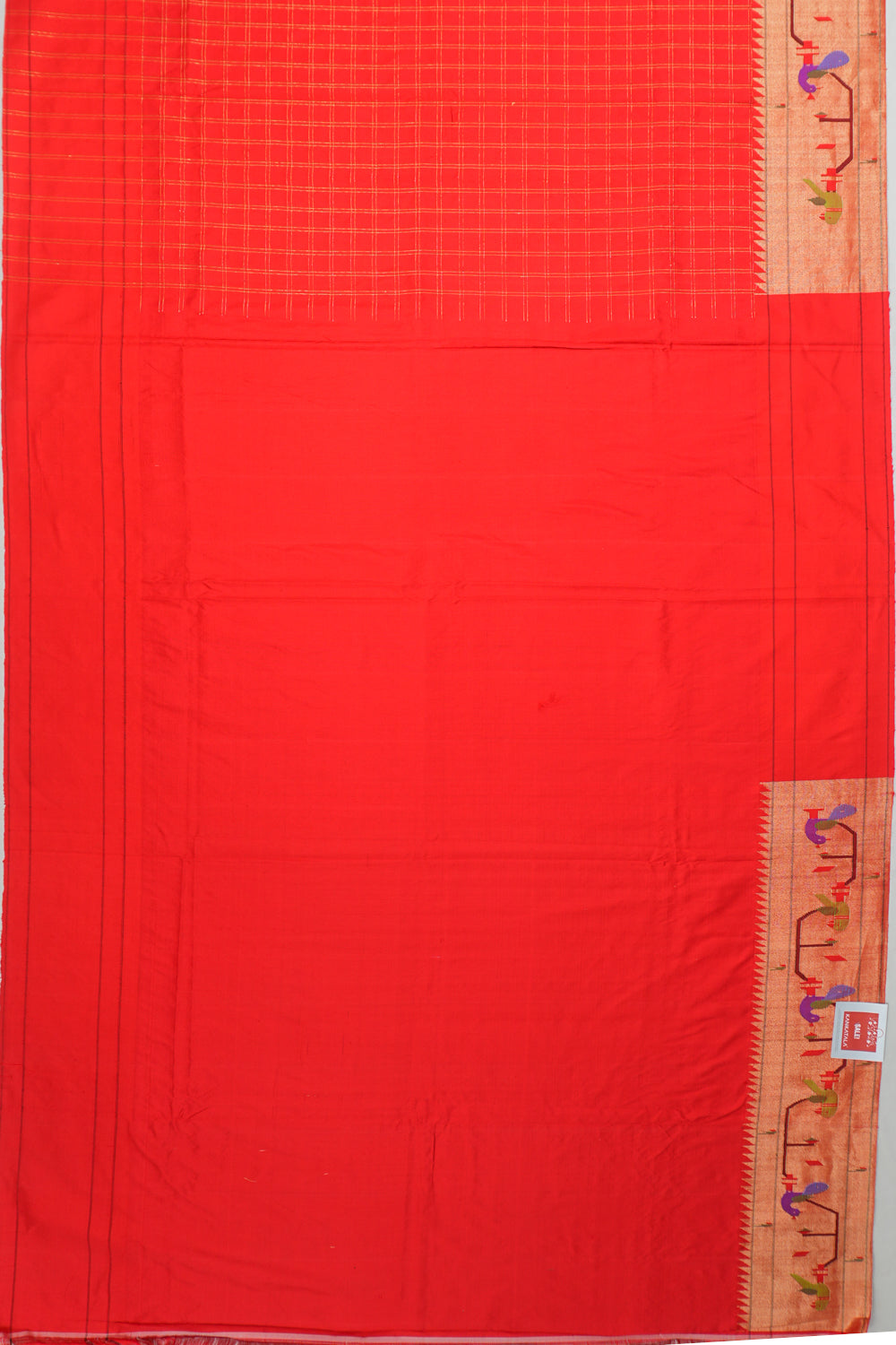 Paithani Silk Checks Red Saree With Akruthi Border