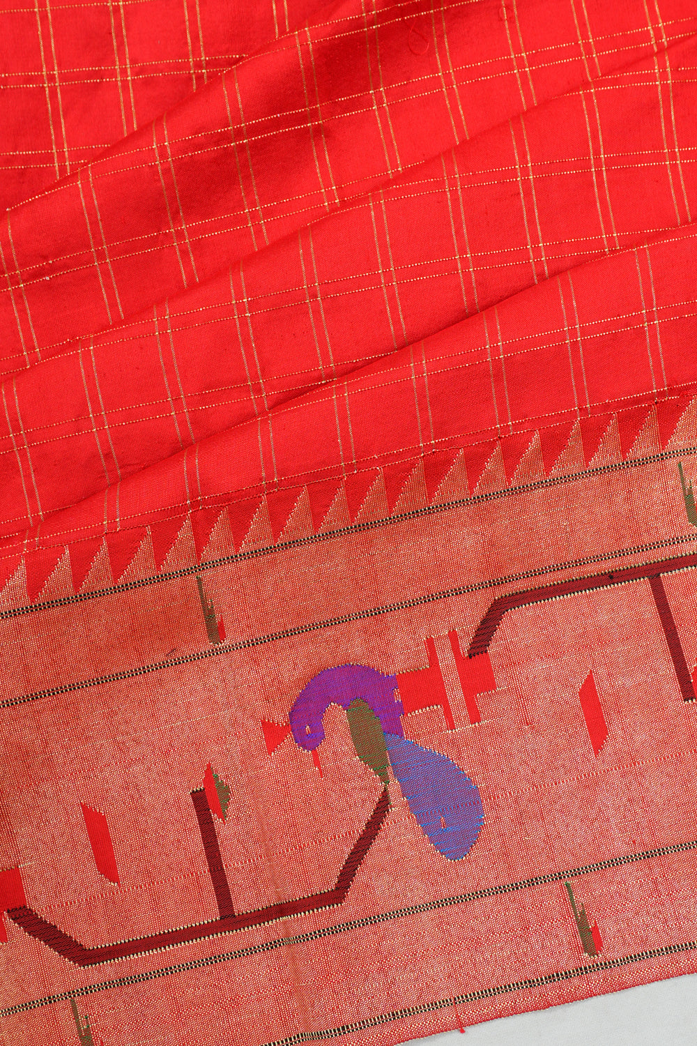 Paithani Silk Checks Red Saree With Akruthi Border