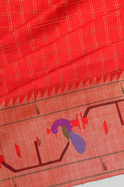 Paithani Silk Checks Red Saree With Akruthi Border